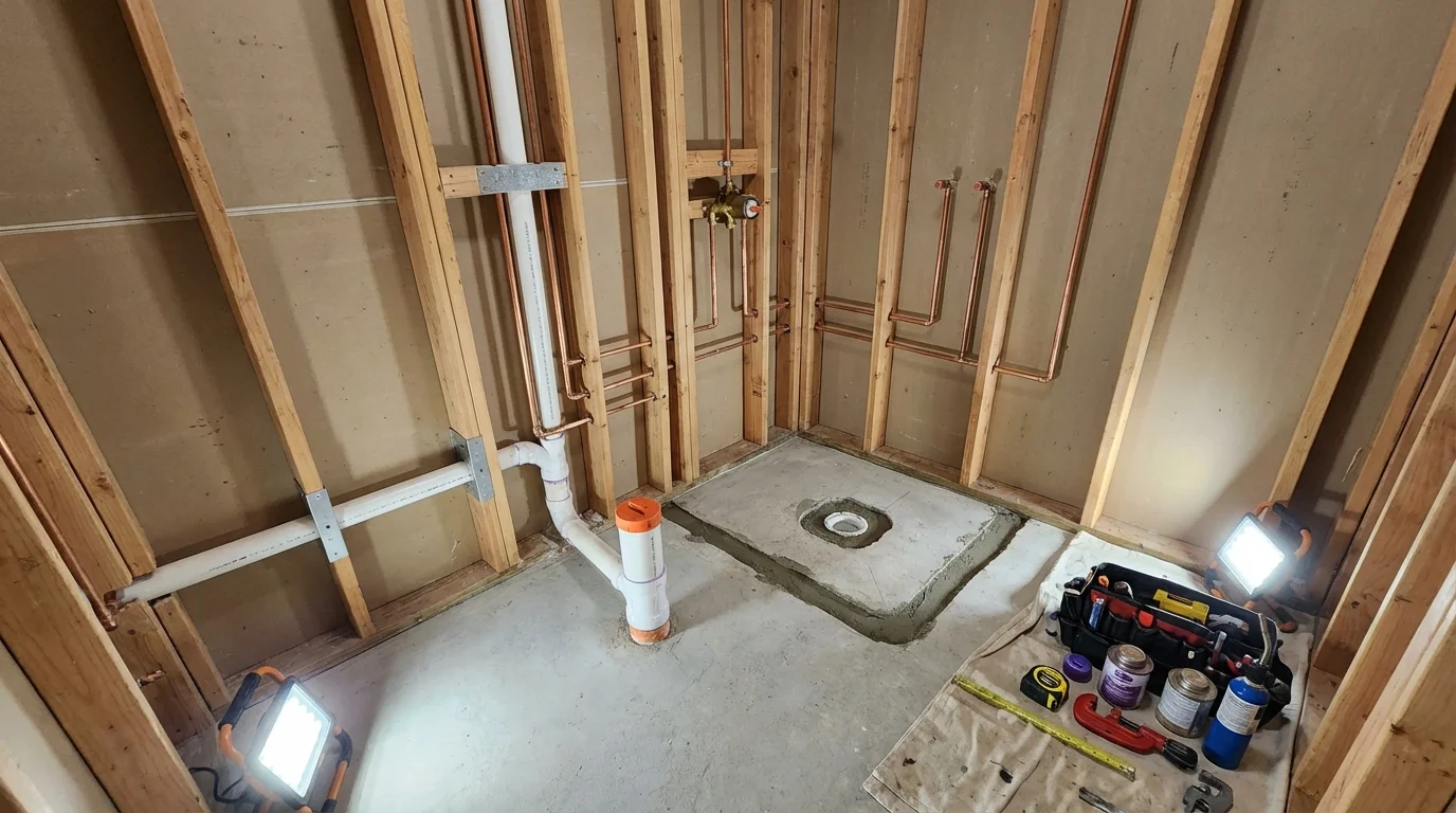 Bathroom rough-in plumbing during remodel by Johns Plumbing LLC in De Leon