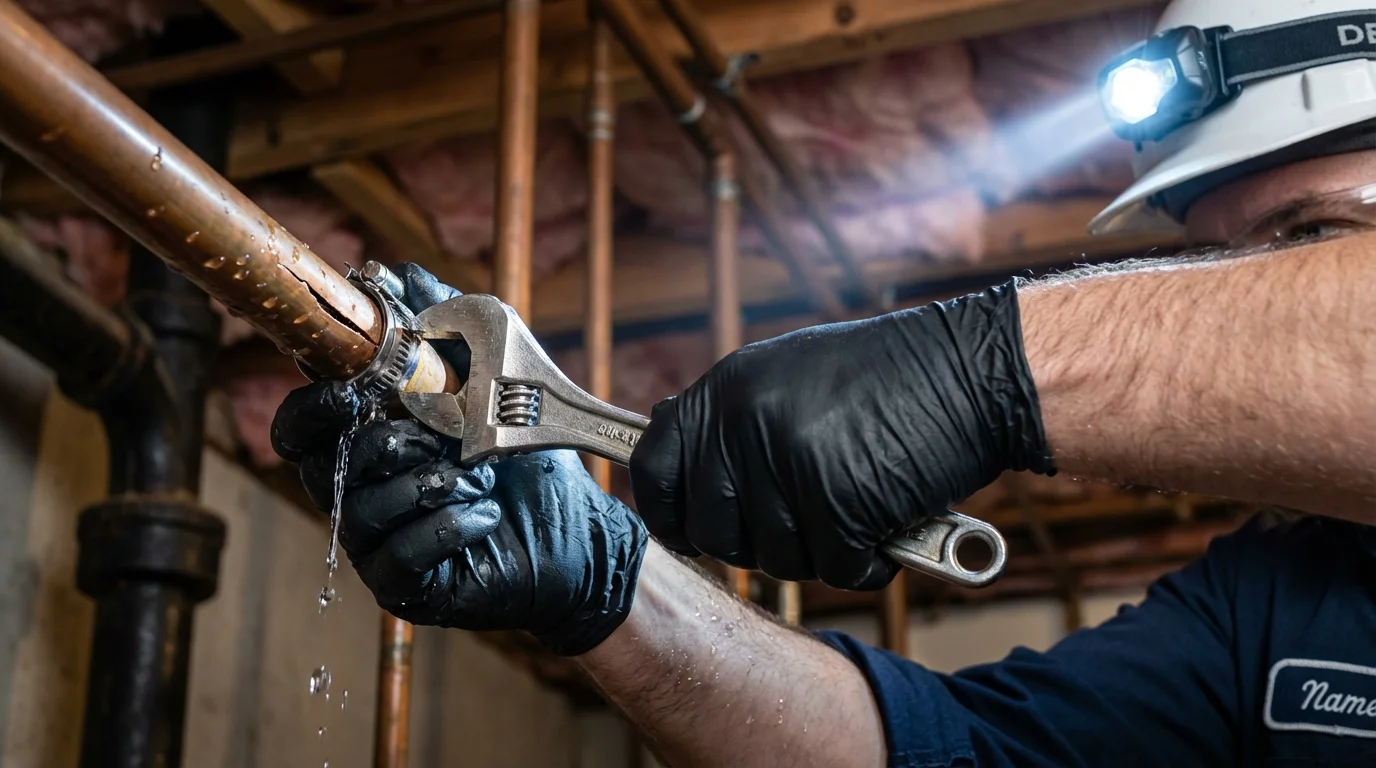 Emergency pipe clamp repair being performed by a Johns Plumbing LLC plumber in De Leon