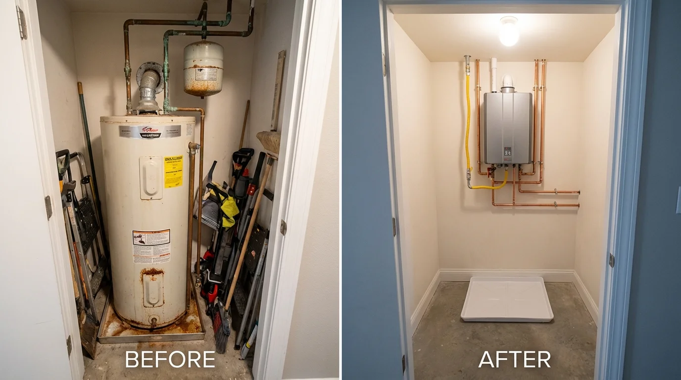 Tank water heater versus wall-mounted tankless unit comparison for De Leon, TX homeowners