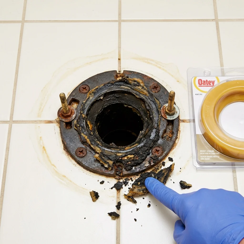 Failed wax ring showing water seepage at the base of a toilet in a De Leon, TX home