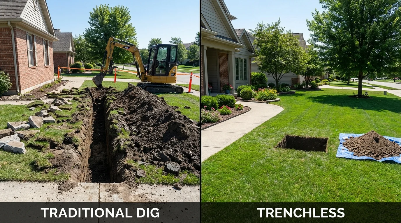 Trenchless sewer repair with minimal yard damage versus traditional excavation in De Leon, TX