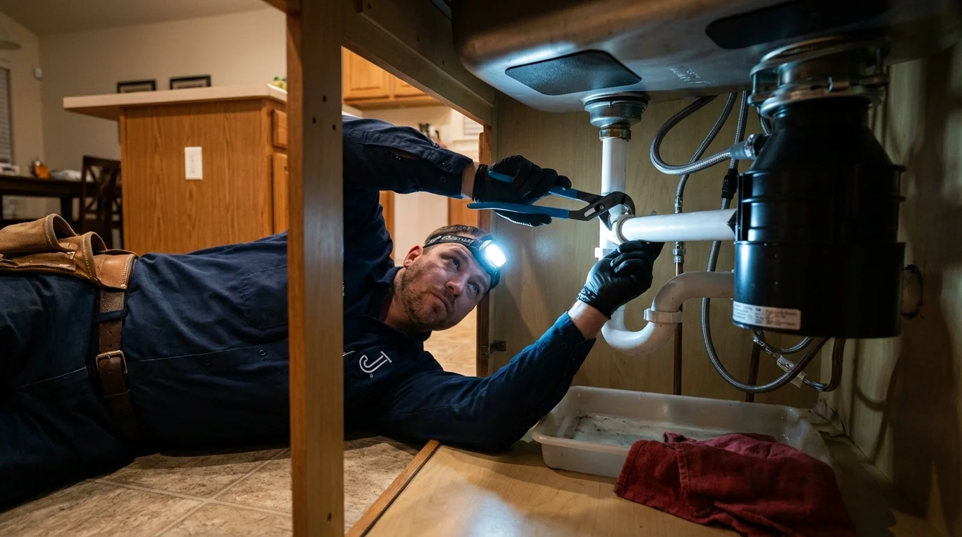 P-trap and supply line connections under a kitchen sink showing a common leak point in De Leon, TX
